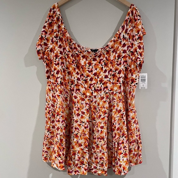 Torrid Fabric Mix Knit Crinkle Gauze Off The Shoulder Smocked Bodice Top, 4X/26W - Picture 2 of 7